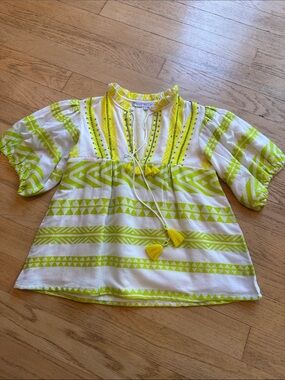 Just Bellina White & Neon Yellow Embroidered Boho Peasant Blouse, size XS